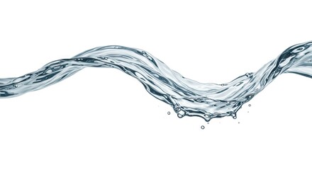 A wave of clear water flows across a white background featuring intricate ripples and droplets