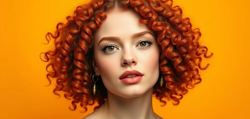 Fototapeta premium Luxurious curly redhead portrait, vibrant yellow backdrop, beauty, artistic