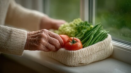 Elderly woman's hands carefully sorting fresh vegetables by a sunny window in a cozy kitchen. National Recycling Day and Week,  America Recycles Day