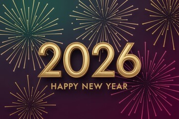  Luxurious emerald and regal purple New Year cards with golden 2026 and vibrant starburst fireworks shimmer