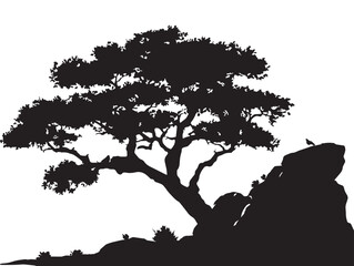 Tree with Rocks Silhouette Detailed Vector Line Art Design © Helena