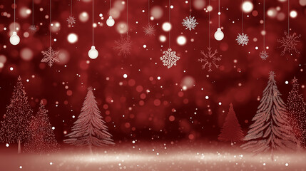 christmas background with a red color scheme, snow, and christmas trees with garland and light decorations. a winter scene suitable for a holiday greeting card or banner design