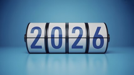 Flipping digits on a retro style counter display showing the year 2026 against a clean blue background