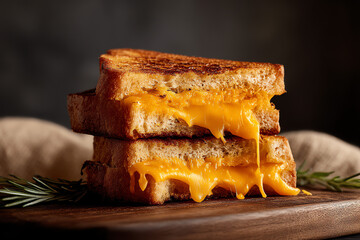 Two stacked grilled cheese sandwiches with melted cheddar oozing out.