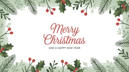 Minimalist Christmas card with sage green border, red berries and cursive greeting on white background