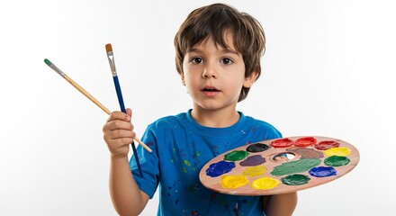 Boy holds paintbrushes and palette with colorful paints against a white backdrop