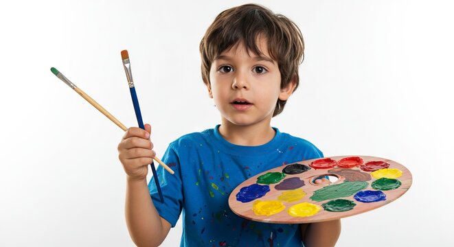 Boy holds paintbrushes and palette with colorful paints against a white backdrop