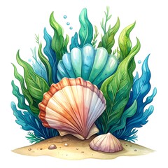 Watercolor illustration of seashells and seaweed