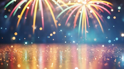 Vibrant colorful fireworks exploding in the night sky reflecting on the water surface with bokeh lights creating a festive celebration atmosphere