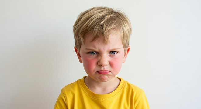 Blond boy scowling with red cheeks in a yellow shirt against a white wall