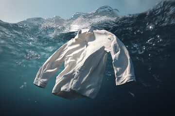 A white striped button-up shirt floats underwater with light filtering through the water surface.