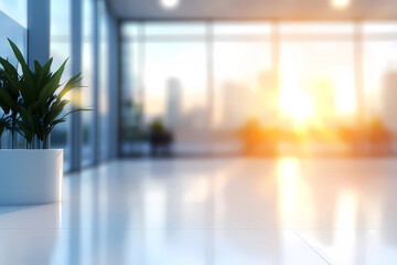 Beautiful blurred background of a light modern office interior with panoramic windows and beautiful lighting. 