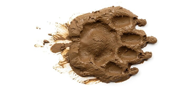 Brown muddy animal paw print with visible claw imprints on a white background