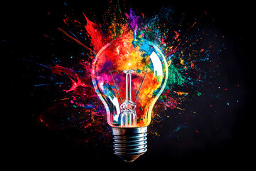 Creative light bulb explodes with colorful paint and splashes on a black background. Think differently creative idea concept