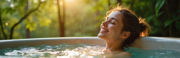 Young woman relaxes in outdoor hot tub surrounded by green trees. Happy female enjoys calm water in jacuzzi. Person unwinds in warm spa water outdoors in nature on vacation.