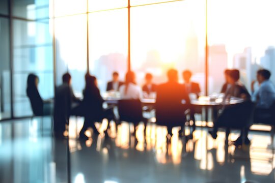 Blurred business meeting with round table discussion in office