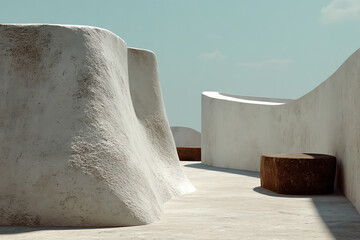 Curved, smooth white concrete walls with a modern, minimalistic design feature a brown cylindrical bench under a clear sky.