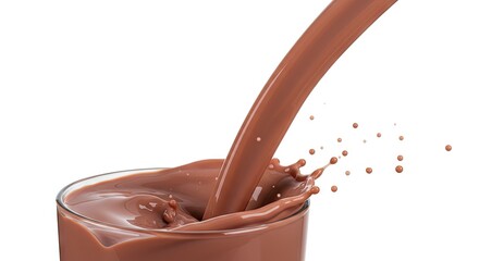 Chocolate milk is poured into a glass splashing droplets around the impact point