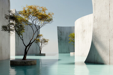 Curved concrete structures partially submerged in water with small trees growing from circular bases.