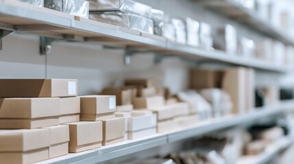Warehouse shelf filled with organized cardboard boxes for storage and logistics concept