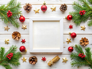 A flat lay of christmas decorations including pine cones, red ornaments, stars, and fir branches around a white square frame