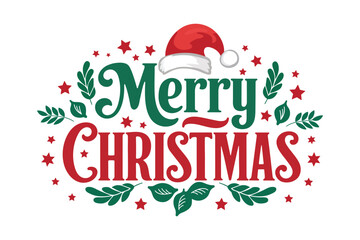 colorful christmas greeting with green red text, santa hat, leaves, stars and dots for seasonal cards and holiday decorations