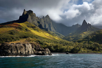 Rugged volcanic mountains overlooking a lush green coastline with dramatic clouds and clear blue waters.