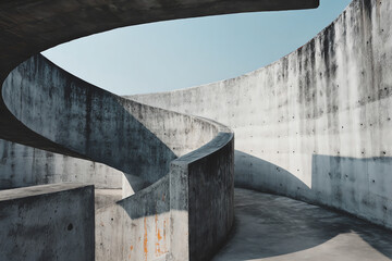 Curved concrete architectural structure featuring smooth, rounded walls and paths with clean lines and shadows.