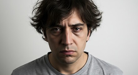 Obraz premium Closeup of a man with dark circles disheveled hair and a gray shirt against a pale gray background