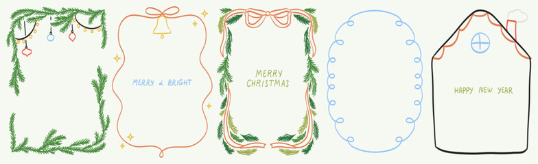 Christmas decorative frames collection with fir tree branches, bow and ribbon and lights in vintage doodle style for poster, placards and invitation cards. New Year design holiday frame vector set.