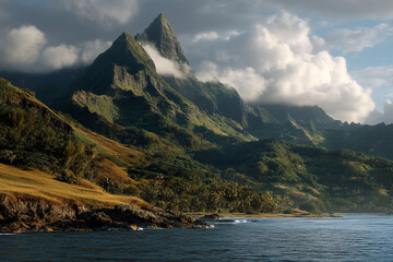 A lush mountainous landscape with prominent sharp peaks and greenery extending down to a coastline with rocky shores and calm waters.
