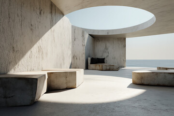 Minimalist concrete seating area with a circular ceiling opening overlooking the sea.