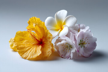 A close-up of three flowers: a yellow hibiscus, a white plumeria, and pale pink cherry blossoms.