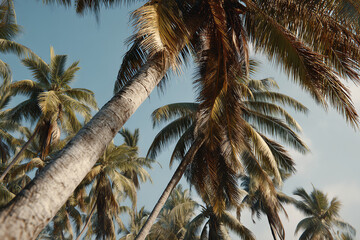 Tall palm trees with lush green fronds towering under a clear sky.
