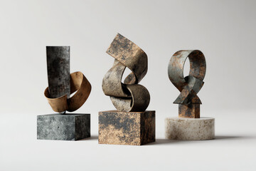 Three abstract metal sculptures with rusted textures on different stone bases.