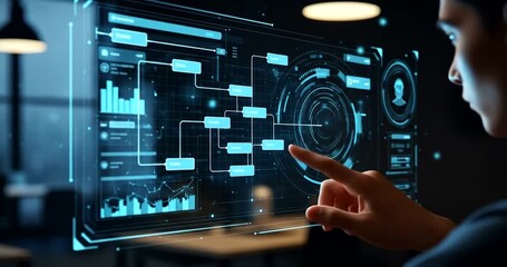 Futuristic interface interaction in a modern office with data visualization - Powered by Adobe