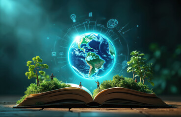 Open book with glowing earth projection and plants on its pages. Miniature people stand on the pages. Futuristic education concept with digital elements around the globe.