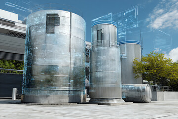 Large industrial storage tanks with digital holographic overlays on a concrete platform under a clear sky.