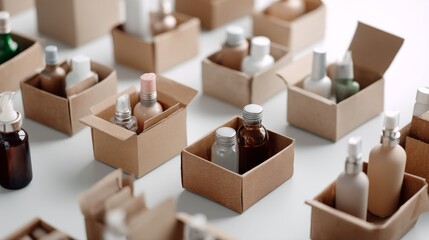 Open cardboard boxes with cosmetic dropper bottles for ecommerce, beauty packaging or shipping branding