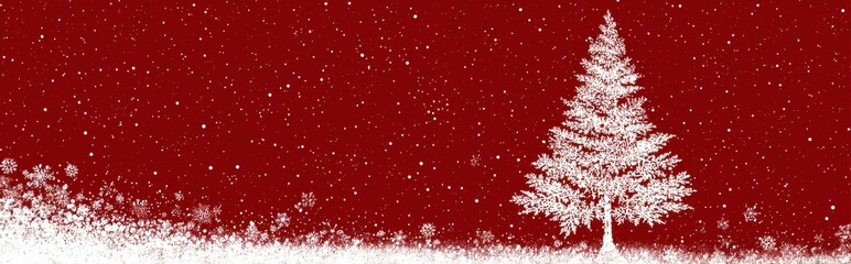 Festive red background with white christmas tree, falling snow, and winter holiday theme