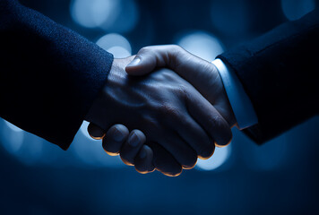 Close up of two business people shaking hands in a dark setting with bokeh lights