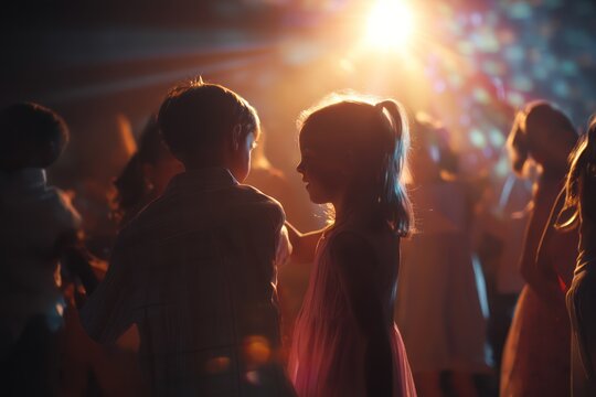 Children Dancing at Party with Glowing Bokeh Background