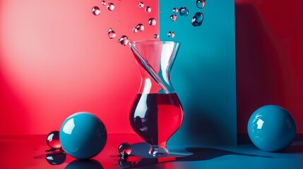 Colorful laboratory glassware and balls on red and blue backdrop