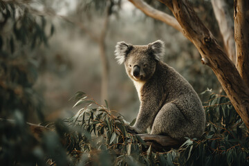 A koala sitting on a tree branch surrounded by eucalyptus leaves.