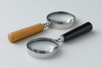 Two magnifying glasses with wooden and black handles placed side by side.