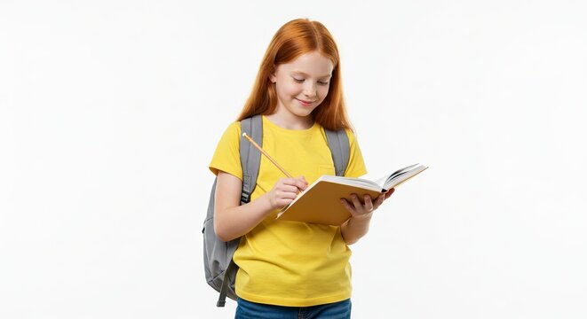 Girl with red hair backpack writing in notebook with pencil on white background