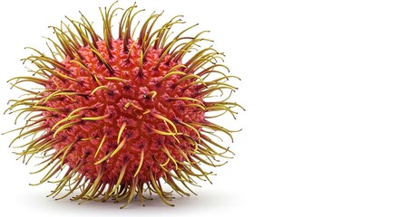 A rambutan fruit with its spiky red peel and yellowgreen hairs isolated against a white background