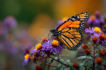A vibrant monarch butterfly perched on purple and yellow flowers.