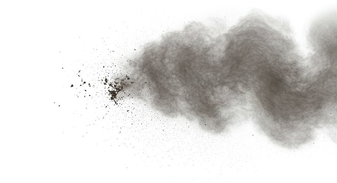 Gray dust cloud expanding across a white background with smaller particles scattered around