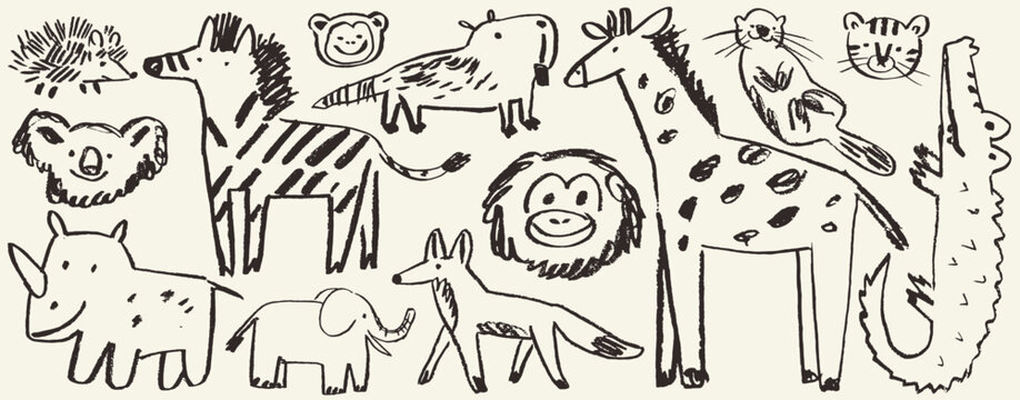 Animal kids hand drawn naive wild nature doodle set, childish chalk African characters. Wax crayon kindergarten jungle print, childhood savanna and forest mammal. Animal scribble charcoal graphic.